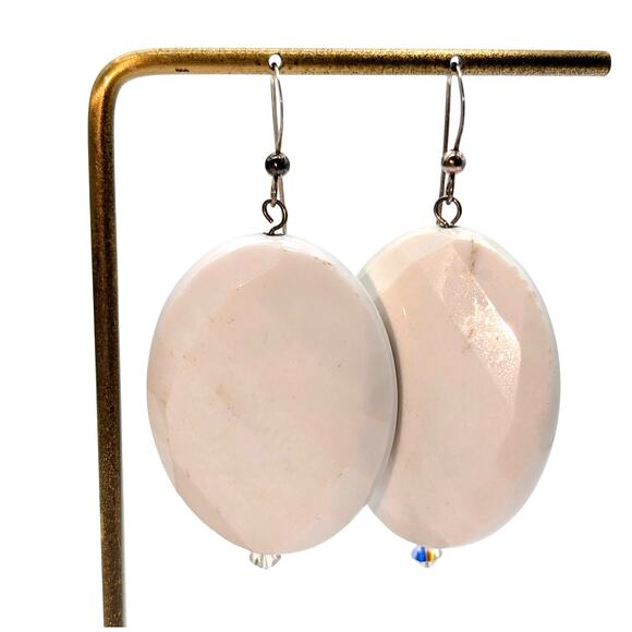 Large Faceted White Gemstone 925 Sterling Silver Dangle Earrings - Picture 3 of 6